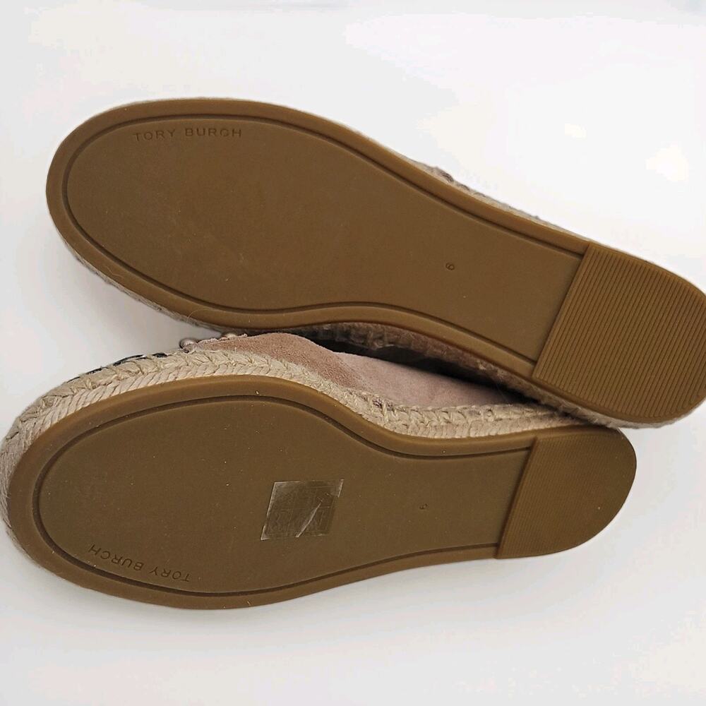 Tory Burch Pearl Logo Flat Espadrilles Pink Suede Black Leather Cap Toe size 6 - Picture 6 of 8